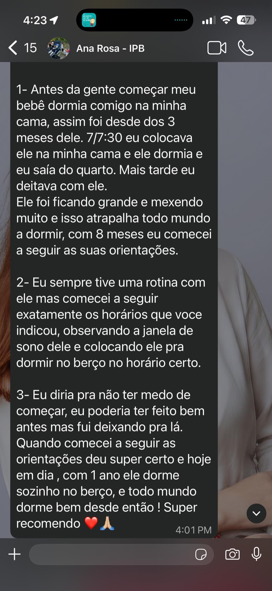 Conversa real no WhatsApp com a mãe de um bebê de 1 ano